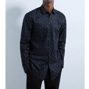 NEW Zara Paisley Micro Print Long Sleeve Button Down Dress Shirt Navy Blue Large